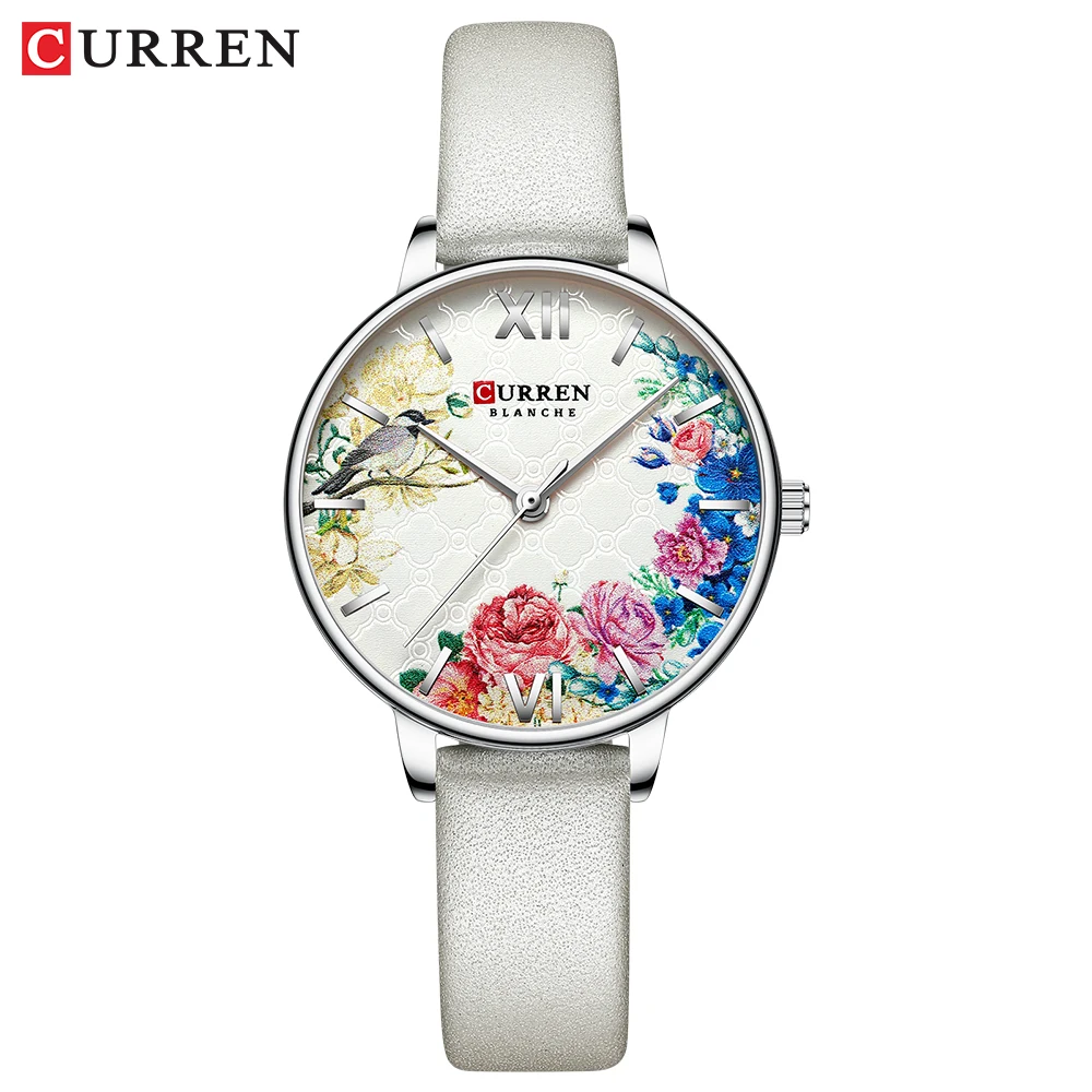 CURREN белые кожаные часы для женщин модные кварцевые с цветком женские Reloj Mujer
