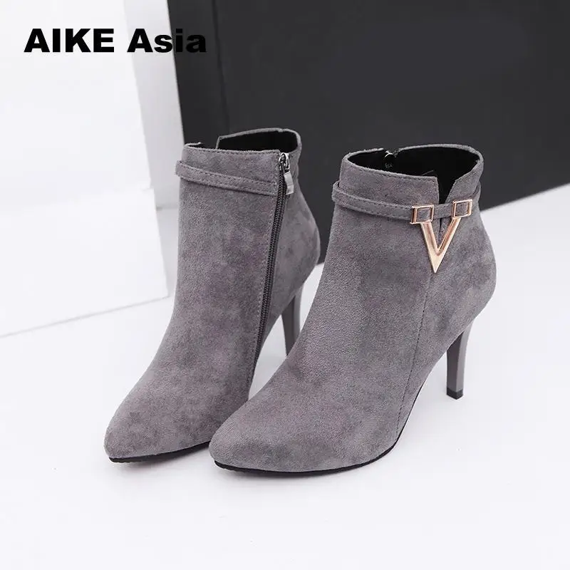 Gray Suede Г., демисезонные пикантные женские ботильоны на высоком тонком каблуке-шпильке с острым носком из искусственной кожи на молнии Bota Feminina - Цвет: Gray Suede