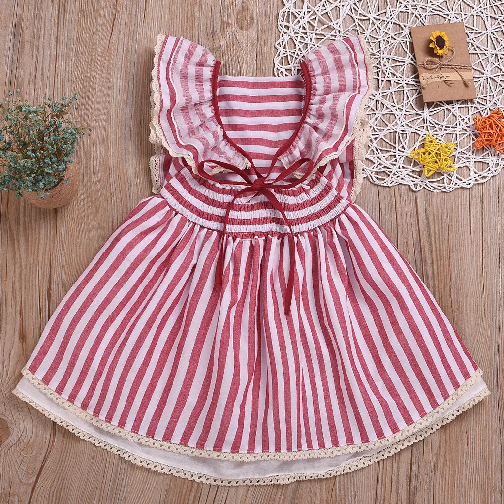 Toddler Kids Baby Girls Striped Lace Ruffled Princess Cake Pompous Party Dress Sleeveless Flower Ball Gown Kid Red | Детская одежда и