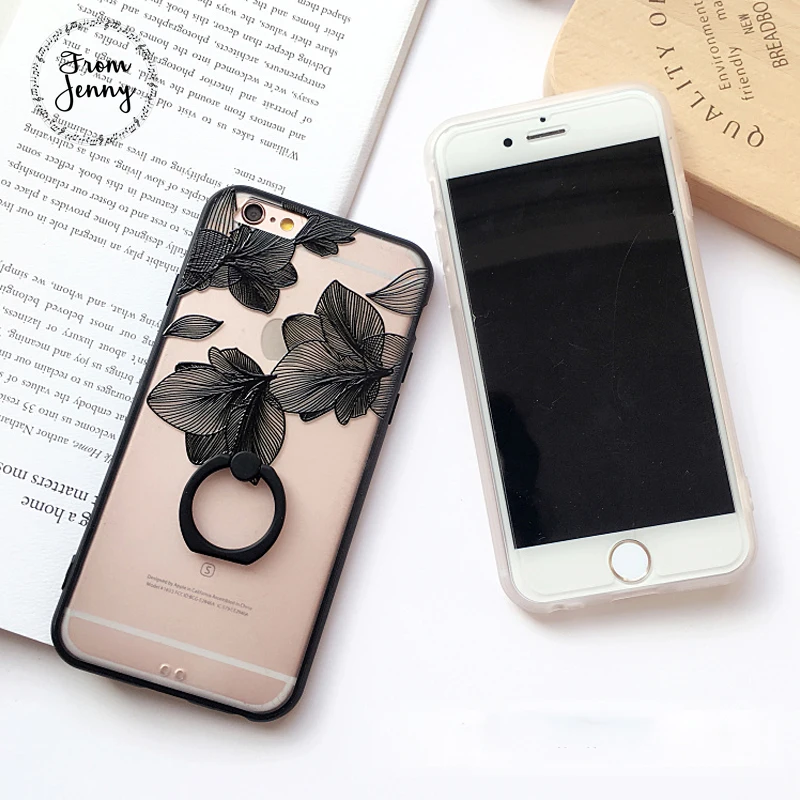 From Jenny Ring Grip Lace Flower Pattern Case For iPhone 6 6s Plus 7 hard Back Cover Cases half rose capa fundas |