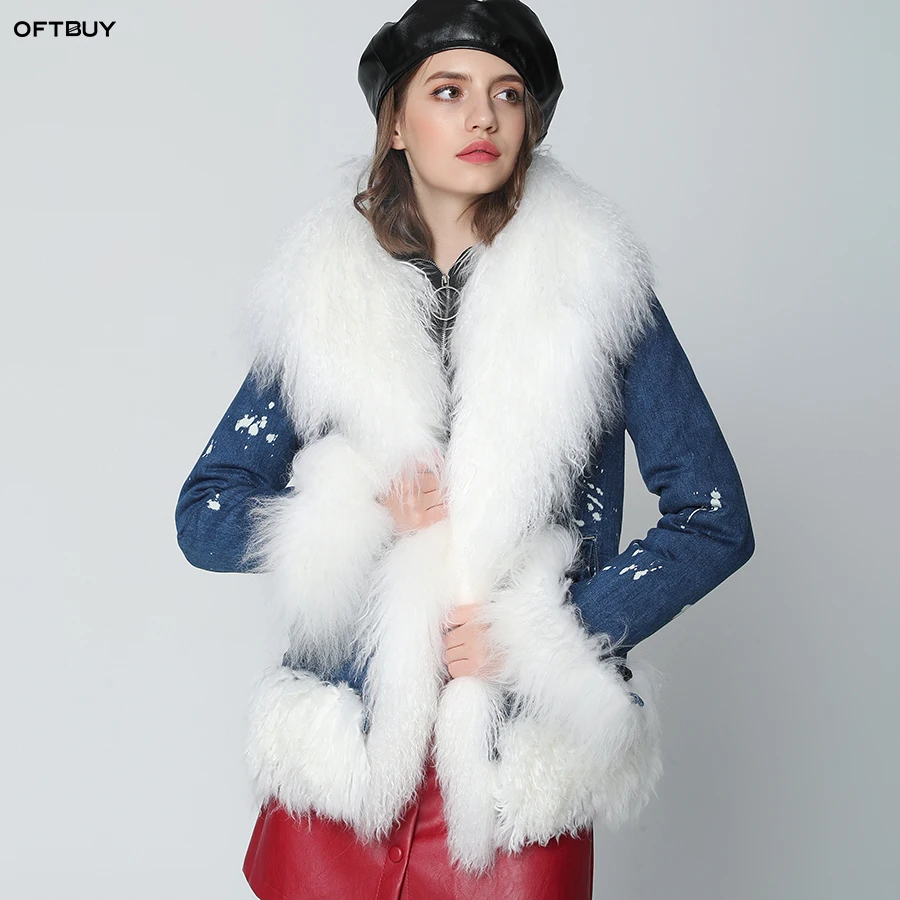 OFTBUY, зимняя женская куртка, пальто с натуральным мехом, парка с натуральным монгольским овечьим мехом, джинсовая куртка, теплая верхняя одежда, модная уличная одежда
