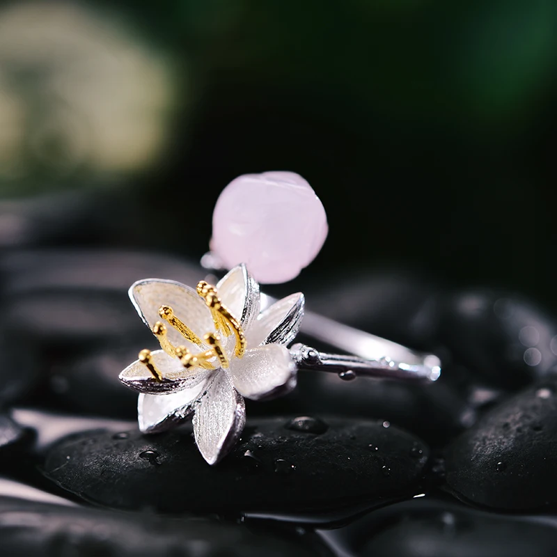 Lotus Fun реальные 925 стерлингового серебра Природный розовый кварц ручной работы Fine