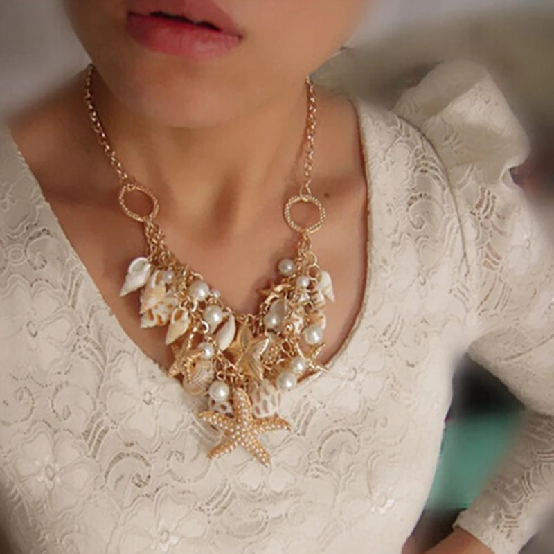 2018 Conch Shell Starfish Simulated pearl Necklace Sweet Fashion Sea Star Plated Multitiered Necklaces &amp Pendants | Украшения и