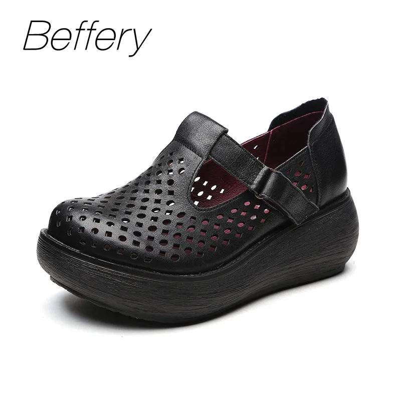 Beffery 2018 Summer Style Genuine Leather Women Shoes Super-soft Round toe Flat platform Thick bottom Casual | Обувь