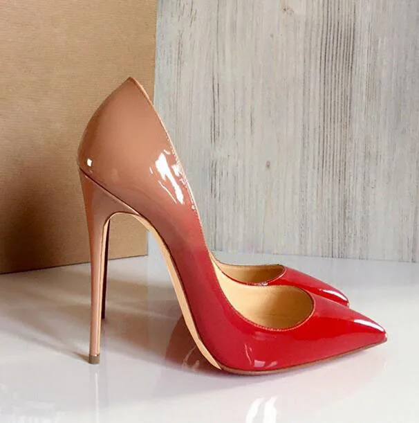 Spring Gradient Color Patent Leather Women Fashion Wedding Shoes Sexy Pointy Toe Ladies 12CM Stiletto Elegant Pumps