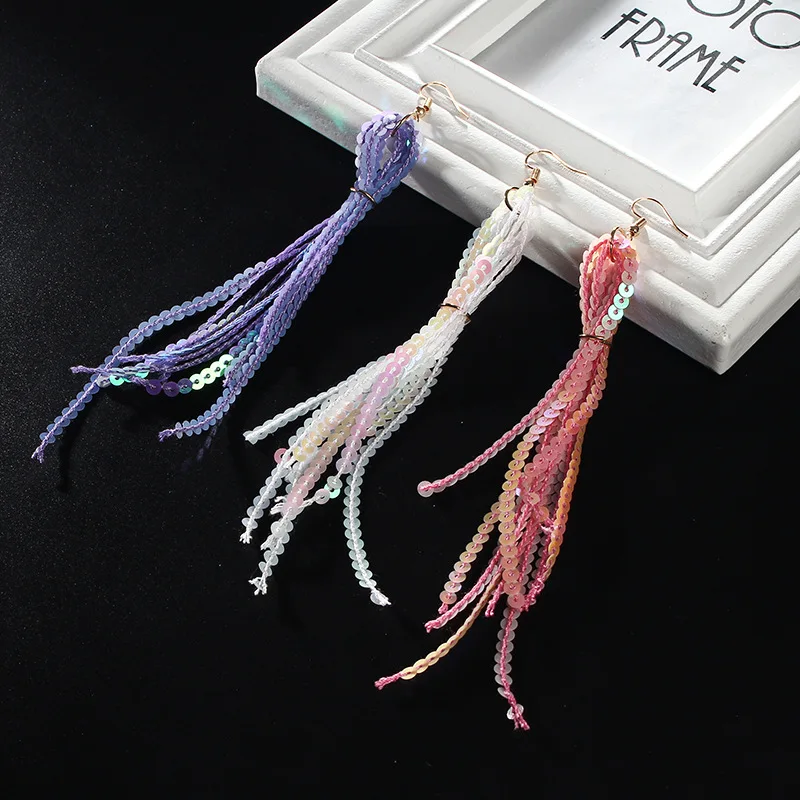 Trendy Colorful Shiny Sequins Tassel Earrings Bling Long Drop for Women Girl Party Accessories Gifts Brincos | Украшения и