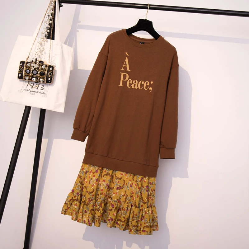 Brown XL-5XL размера плюс женское платье-Толстовка зима модное хлопковое лоскутное шифоновое платье с длинным рукавом и цветочным принтом - Цвет: Brown