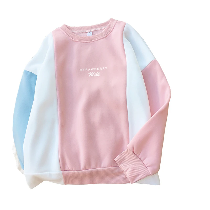 

Harajuku Strawberry Milk Letter Print Hoodies Women Long Sleeve Fleece O-ncek Pullover Thick Loose Color Block Sweatshirt Female