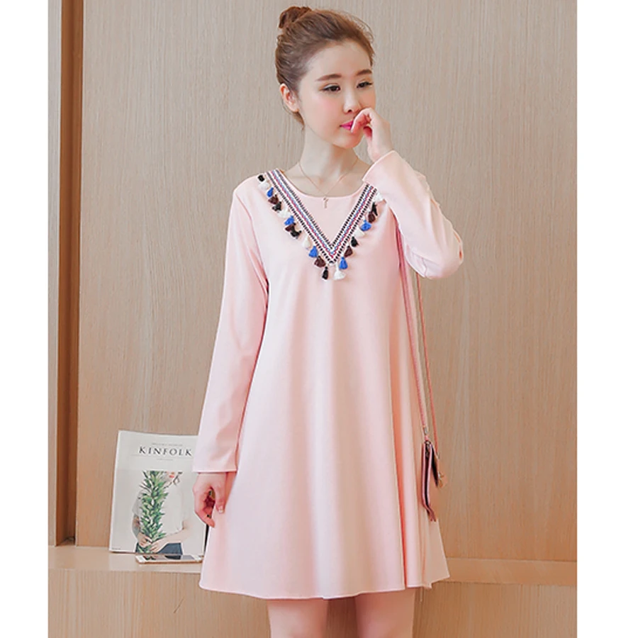 Korean Autumn Pure Colors Pregnant Clothing Elegant Comfortable Long Sleeve Dress Clothes Maternity Evening Dresses Pink HMA185 | Мать и