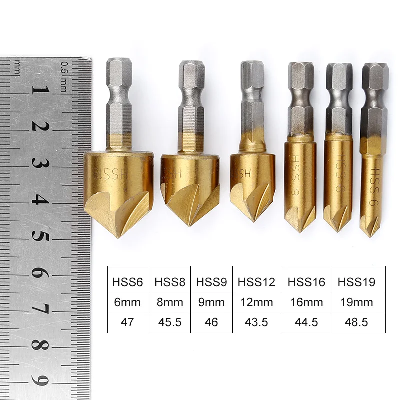 6PCS Round shank 5 Flute HSS Hard Metals natural color Five Edge Chamfer Chamfering End Mill Cutter Countersink Drill Bit | Инструменты