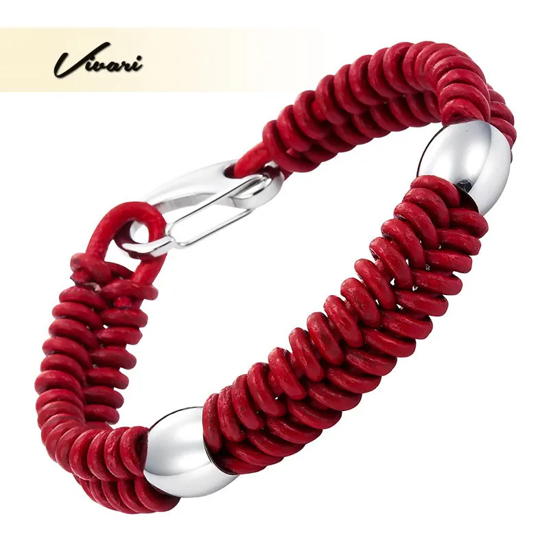 

2018 модный красный браслет Vivari из натуральной кожи для женщин, браслеты из нержавеющей стали, модные мужские ювелирные изделия унисекс, аксе...