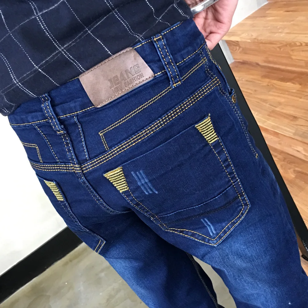 Мода Маленькие Ноги Мужские Джинсы Марка Люкс Классический Синий Тощий джинсы