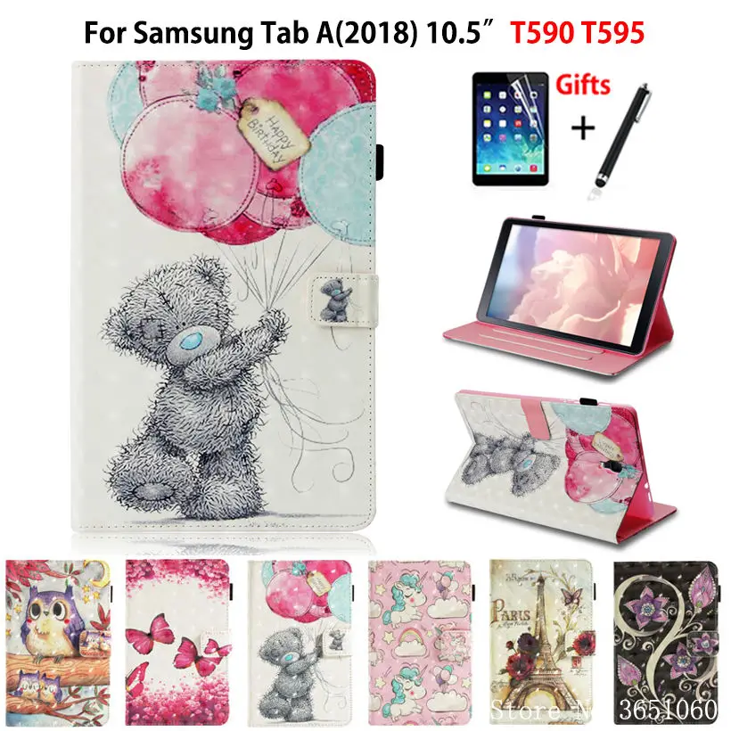 

Case For Samsung Galaxy Tab A A2 2018 10.5" T590 T595 T597 SM-T590 Smart Cover Funda Tablet 3D Painted Stand Shell+Film+Pen