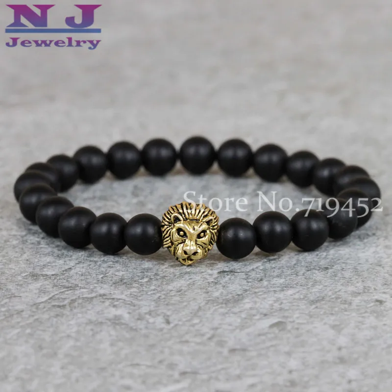 Новый дизайн опт мужское Браслеты 8 мм матовый бусины из камня античное золото