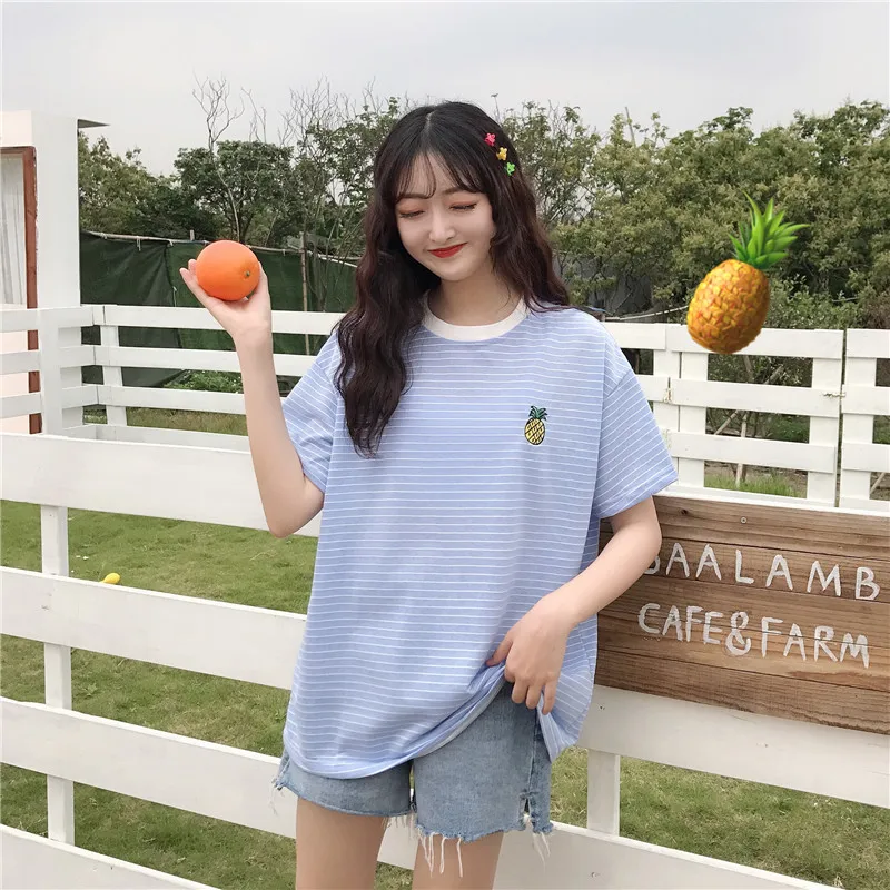 Ulzzang элегантный дизайн лучшие друзья футболка для женщин в полоску топы лето KPOP Корея фрукты вышивка женская футболка Милая одежда