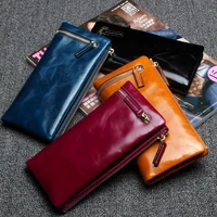 hot solid leather women wallets with double zipper hasp large capacity multifunctional ladies purse clutch female card holder