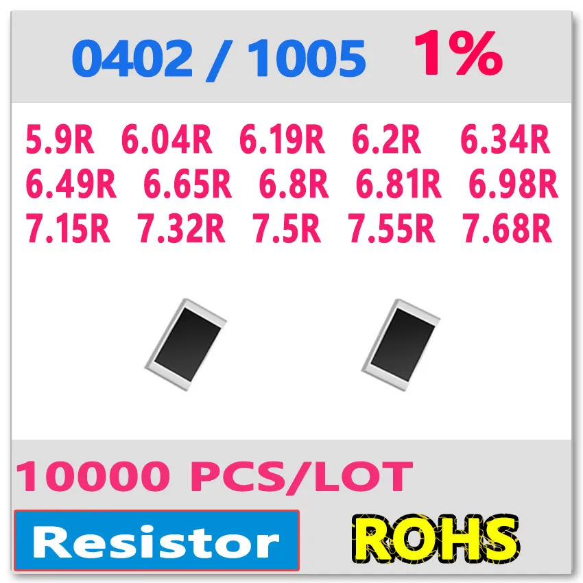 JASNPROSMA OHM 0402 F 1% 10000 шт 5.9R 6.04R 6.19R 6.2R 6.34R 6.49R 6.65R 6.8R 6.81R 6.98R 7.15R 7.32R 7.5R 7.55R 7.68R smd 1005 |