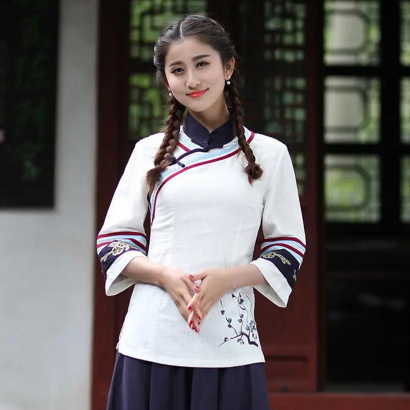 White Chinese Womens Shirt Cotton Linen Tops Mandarin Collar Blouse Lady Clothing cheongsam Dress Flowers Fashion Top S-XXXL
