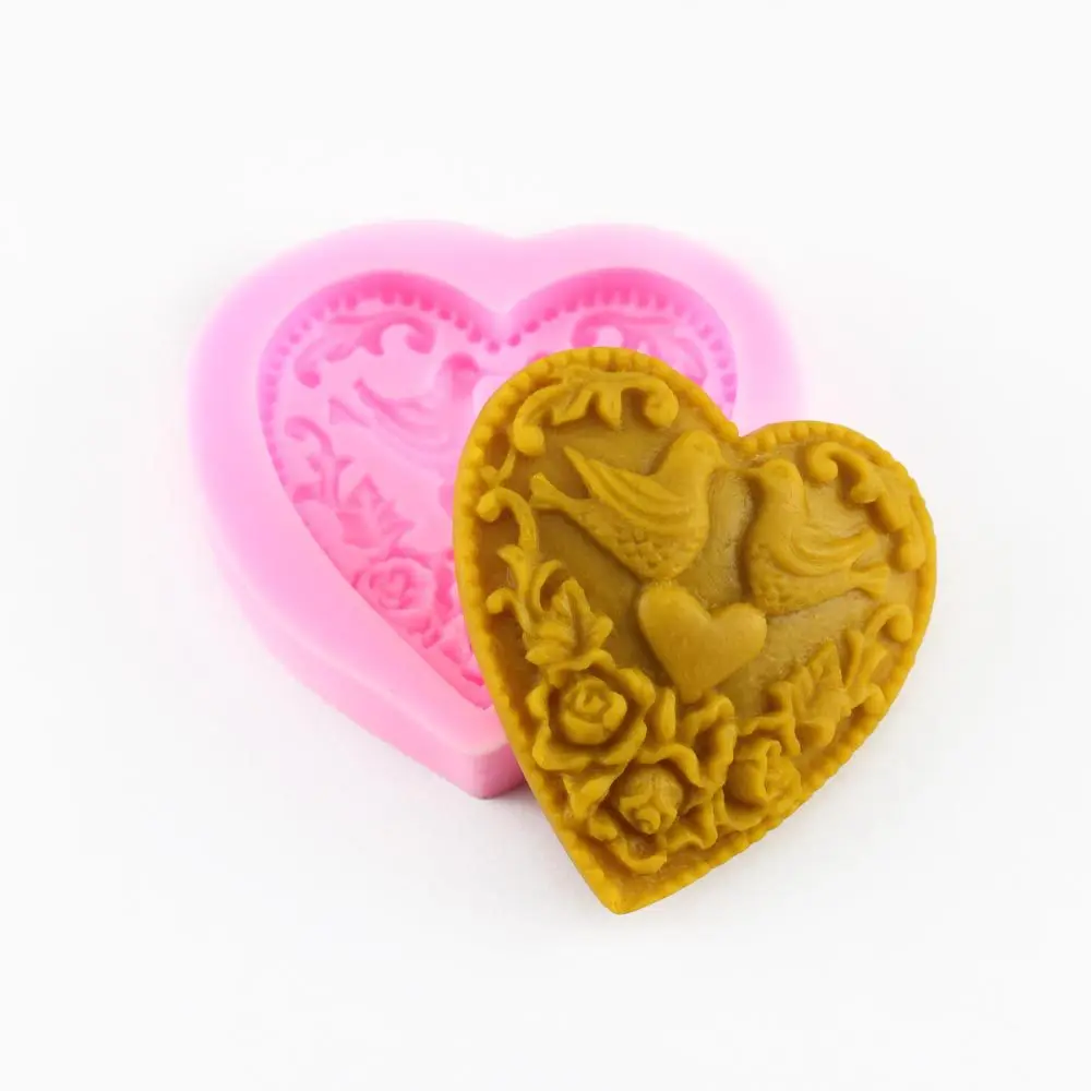 

(3 pieces/lot) 6.8 * 6.2 * 1.4 CM double birds on heart shape mold candy stamp mould DIY molde de silicone para fondant supplies