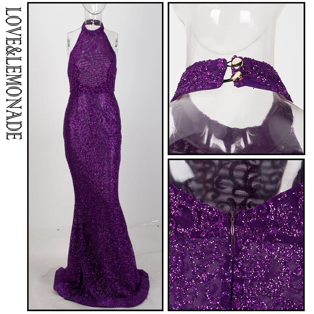 Женское длинное платье LOVE & LEMONADE фиолетовое из материала с открытой спиной модель