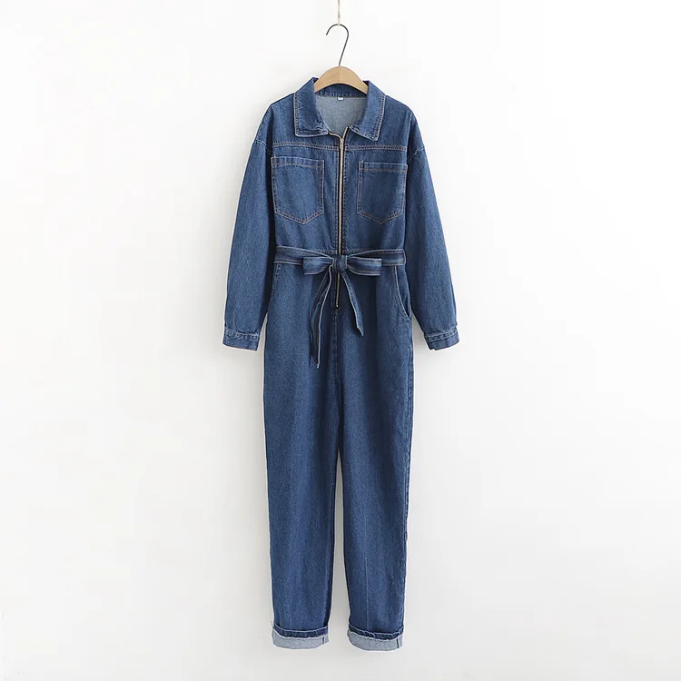 Женский джинсовый комбинезон с длинным рукавом и отложным воротником | Женская