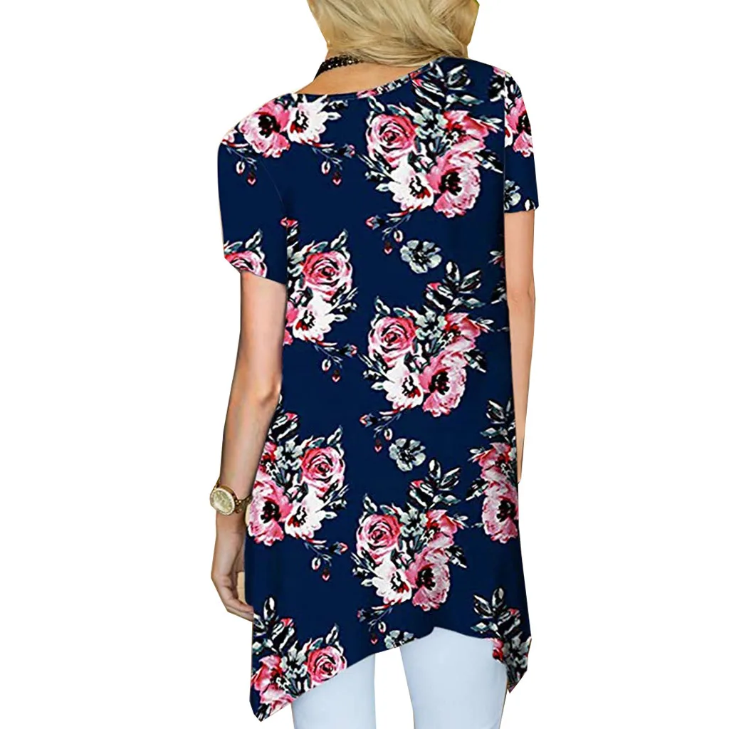 Женские футболки SAGACE короткий рукав цветочный принт неровный подол футболка