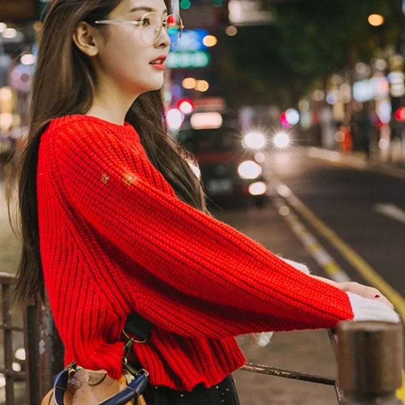 Fashion O-neck Women's Sweater Korean Vintage Color Block Cuffs Loose Bat Sleeve Pullovers Woman Winter 2019 | Женская одежда
