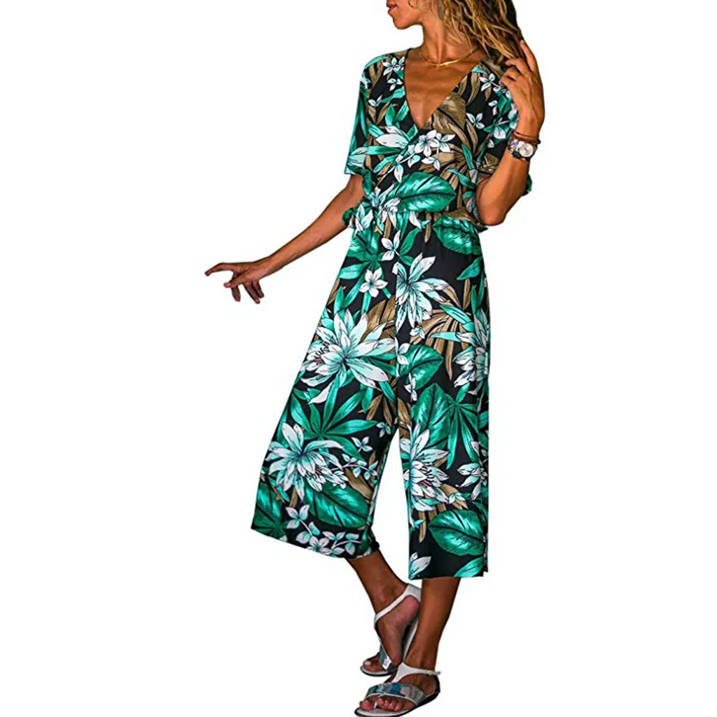 Женский комбинезон с V-образным вырезом поясом и цветочным принтом | Женская