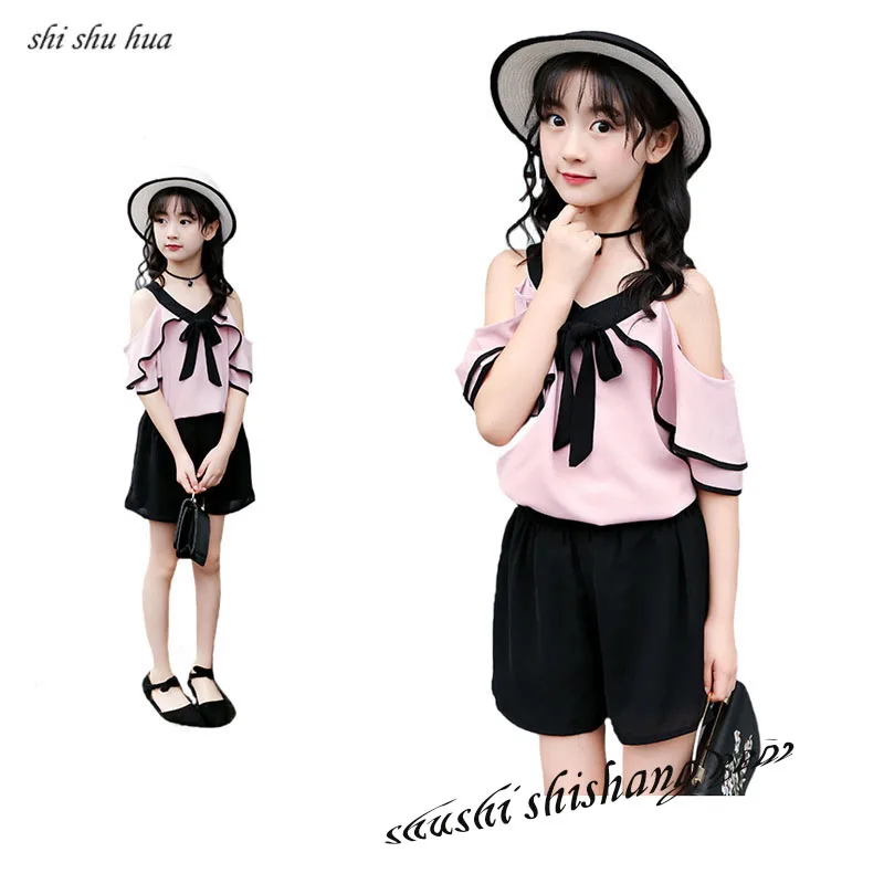 Шифоновая рубашка с открытыми плечами и шорты для девочек 3 11 лет|Комплекты