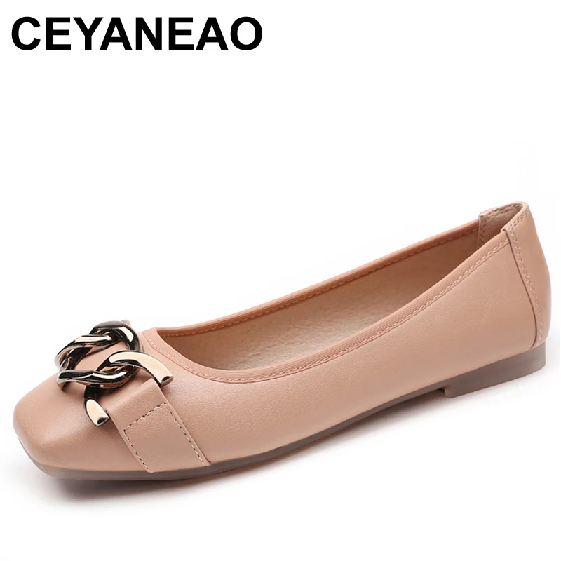 

CEYANEAO2018 Women Fashion Square Toe Flat Comfort Soft Leather Slip On Ballet Flats Girls Pink Ballerina Flat Korean ShoesE1131