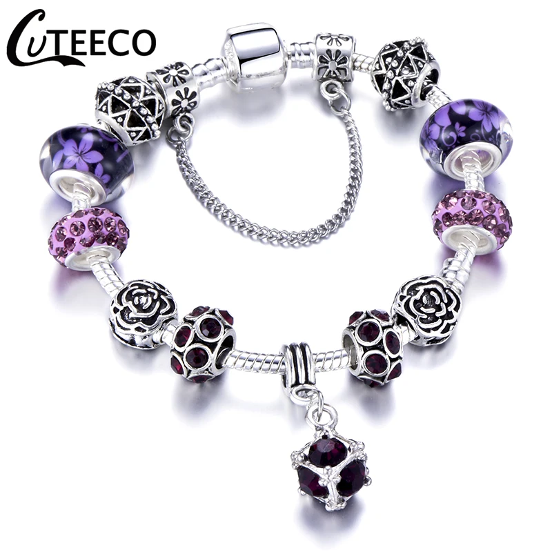

CUTEECO European Style Silver Plated Chain Charm Bracelet 6 Color Crystal Beads Brand Bracelet For Women Jewelry Gift