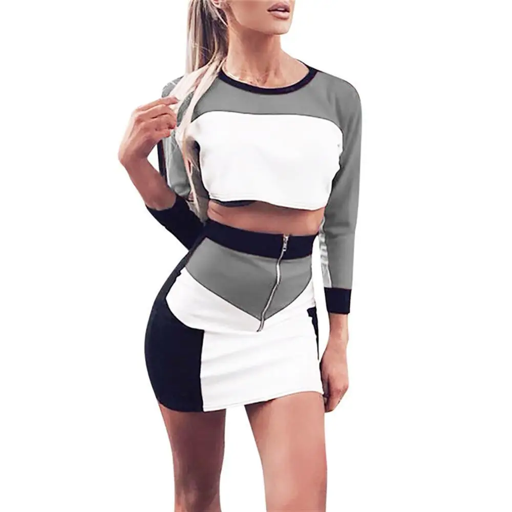 2018 осень Для женщин с длинными рукавами и круглым вырезом короткий топ Club юбка