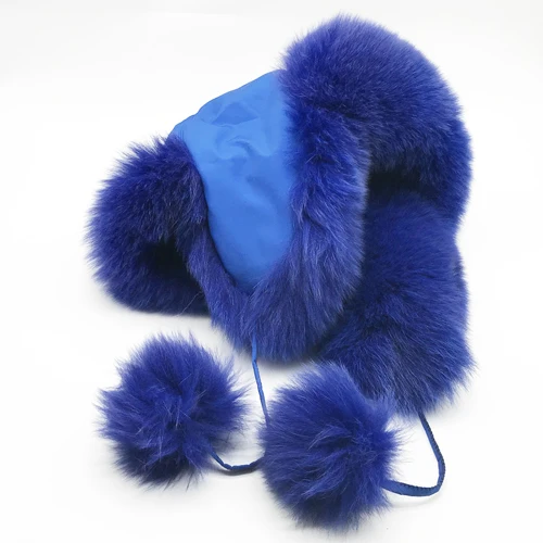 blue Горячая Распродажа, женские шапки из натурального Лисьего меха, русская ушанка, зимние толстые теплые уши, модная шапка-бомбер, женская шапка из натурального Лисьего меха - Цвет: blue