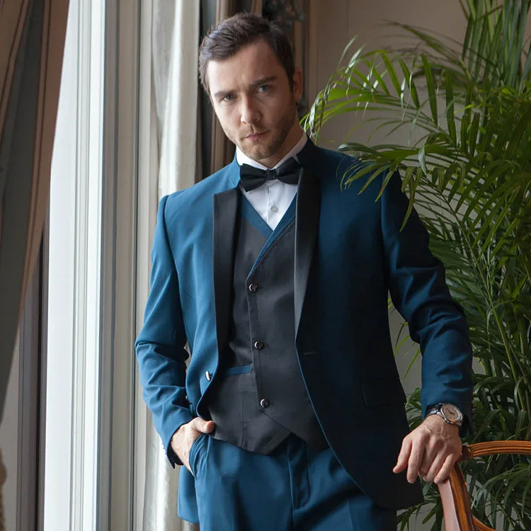 

Custom Made Blue Business 3 Piece Suits Set Tuxedos Shawl Collar Groomsmen Blazer Man Wedding Suits Jacket+Pants+Vest