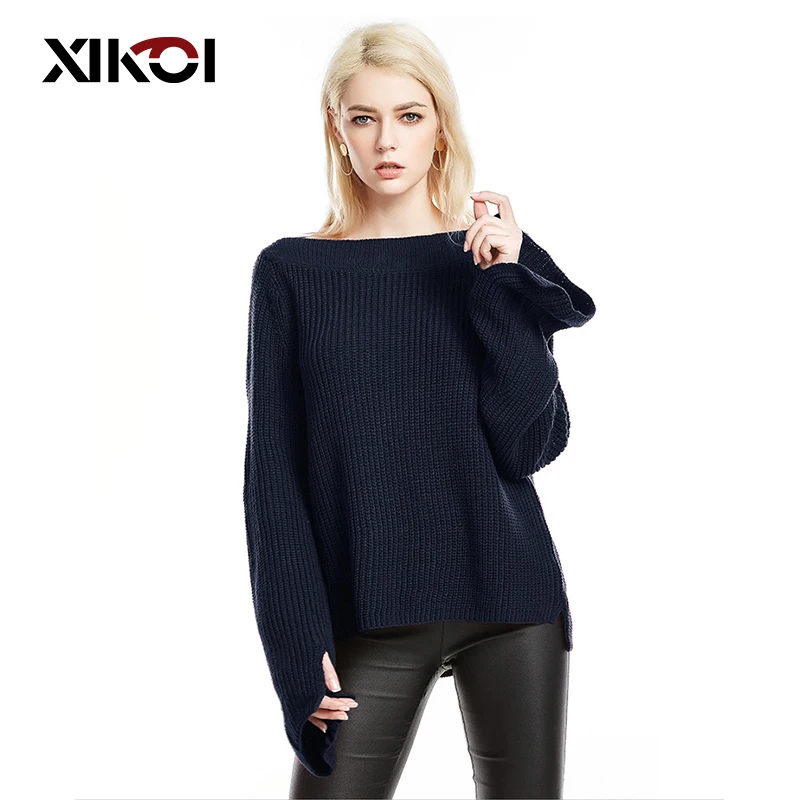 XIKOI Large Size Women's Clothing Soft Sweaters Shirt Plus Long Flare Sleeve Solid Knitted Sweater Ladies Sexy Pullovers Jumpers | Женская
