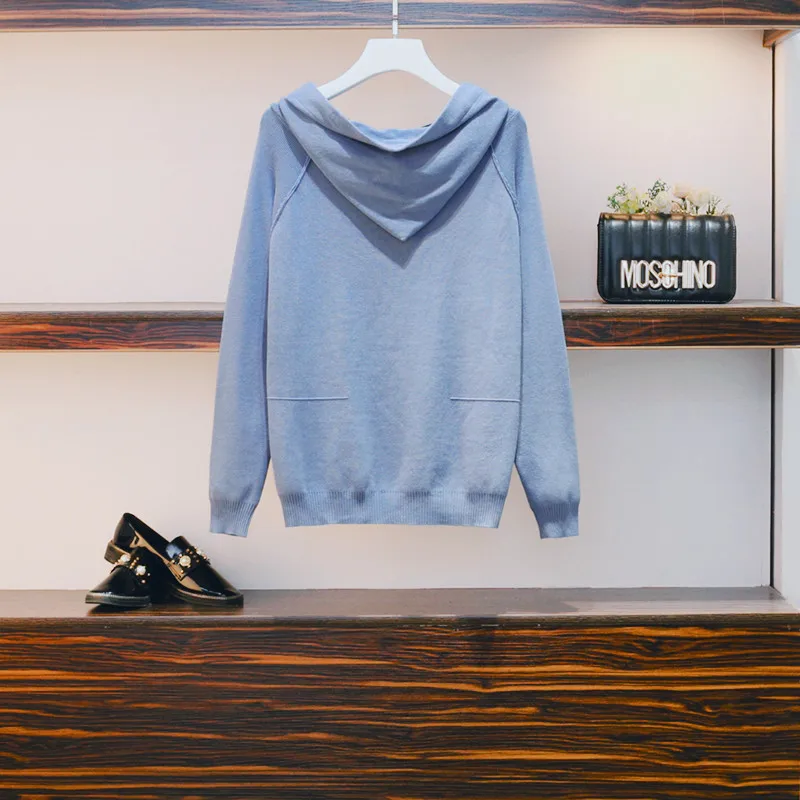 Большие Женские однотонные вязаные свободные свитера с капюшоном и воротником