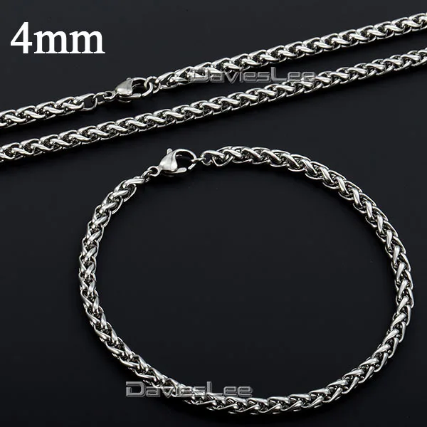 Davieslee 3/4/5/6/8MM Mens Chain Boys Wheat Silver Color Stainless Steel Bracelet Jewelry Set Fashion Gift DLKS98/KS99/KS100 | Украшения и