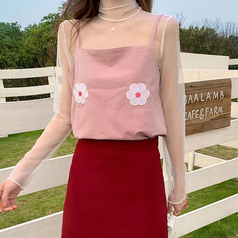 Женская летняя одежда ulzzang сетчатый прозрачный топ + на бретельках с цветочной