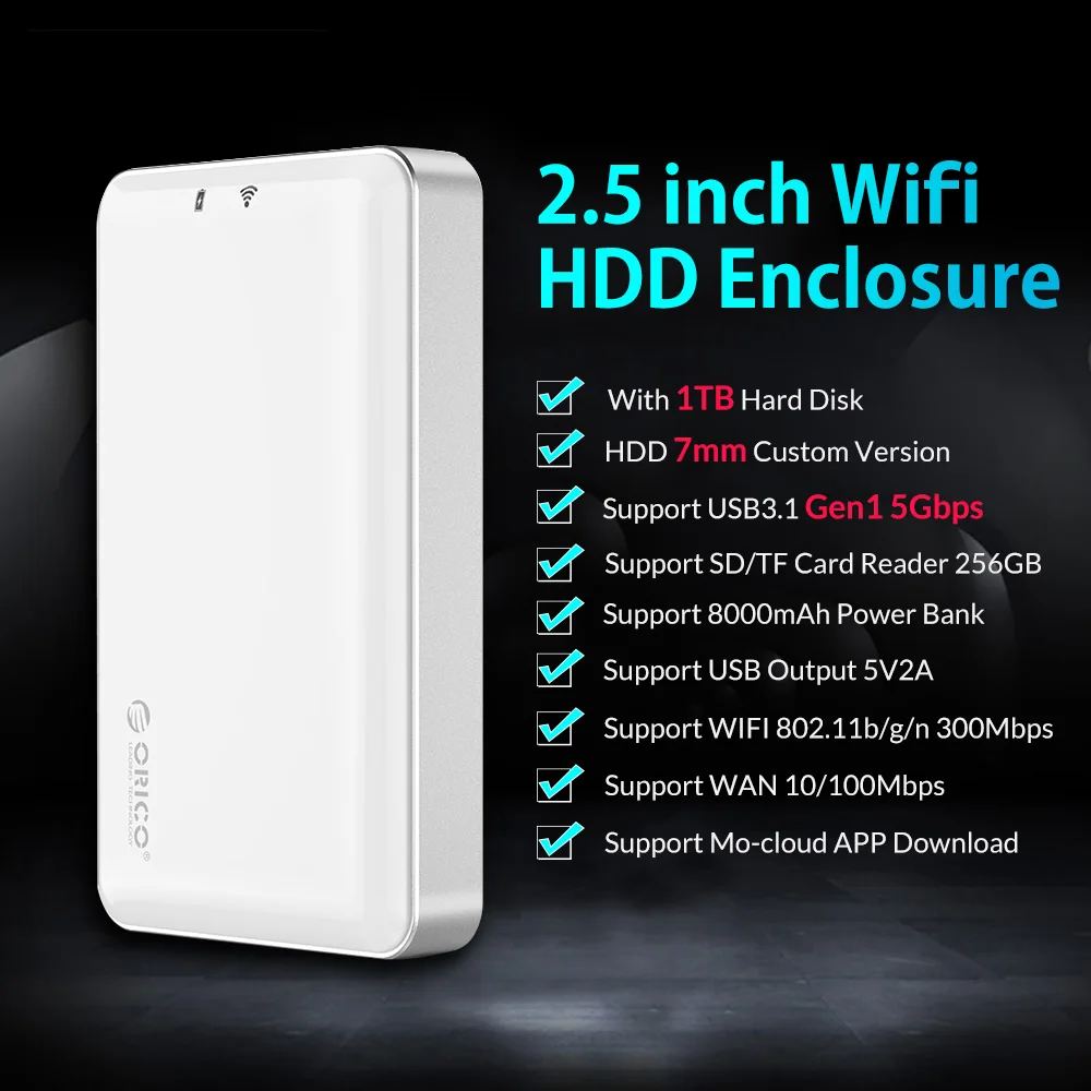 ORICO 2,5 дюймов Wifi HDD корпус частный HDD Облачное хранилище Поддержка SD/TF карта Автономное Резервное копирование 8000 мАч Внешний аккумулятор USB3.1 Gen1/2 - Цвет: Including 1TB HDD