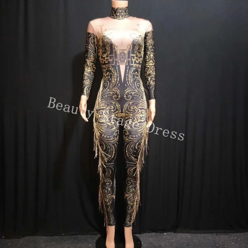 DS Printed Rhinestone Tassel Jumpsuit Female Singer Leggings Costume One-piece Bodysuit Stretch Outfit Party Rompers Jumpsuit