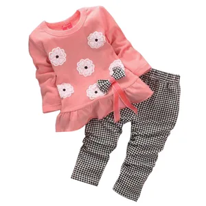 Новинка весны 2021, комплект одежды для маленьких девочек, Детский милый костюм с цветочным бантом, 2 предмета, детский костюм из двух предметов, Топ с длинным рукавом и клетчатые брюки
