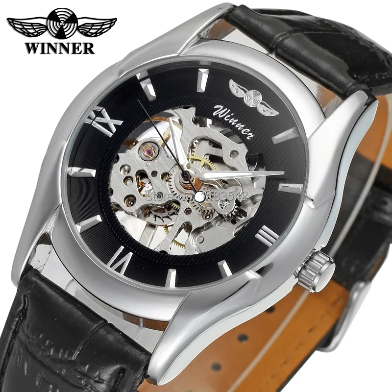 Мужские часы Winner с черным циферблатом корпус из сплава механические ручная