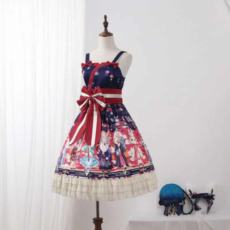 Платье на бретельках с милым мультяшным Кроликом платье в японском стиле бантом