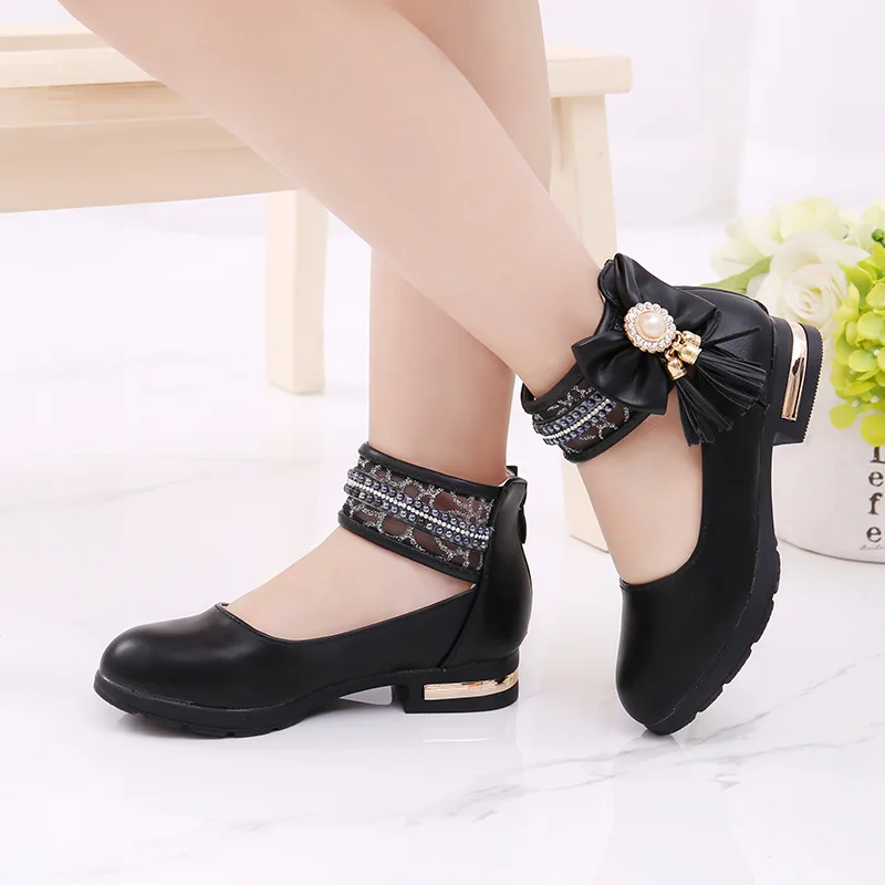 New Girls Shoes With Bow-tie Fashion Pearl Princess Spring Autumn Children High Heels Black White Pink A847 |