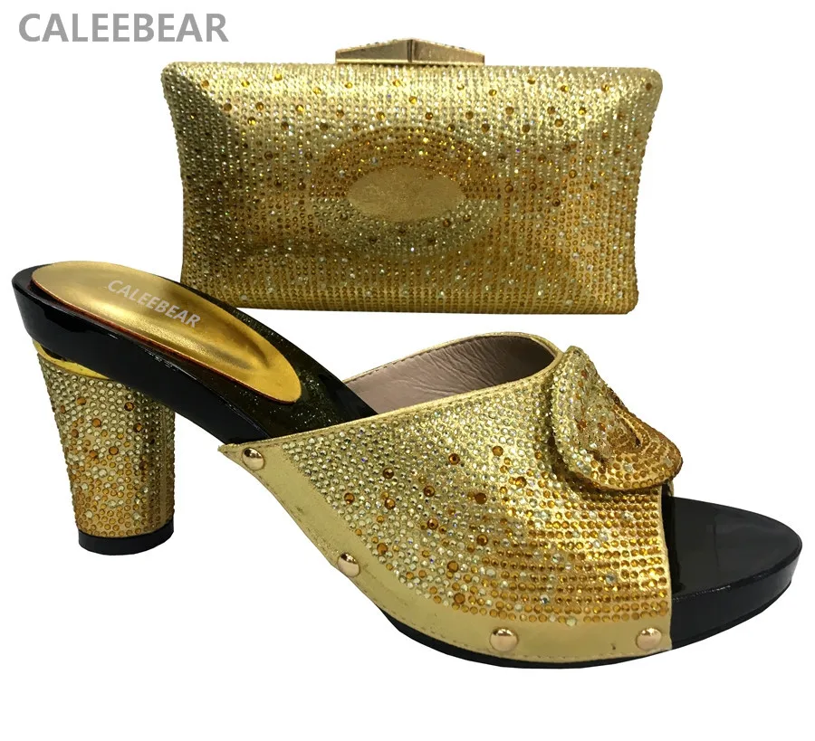 Последним Ручной итальянский дизайн 2017 золото обувь и сочетающаяся сумка в