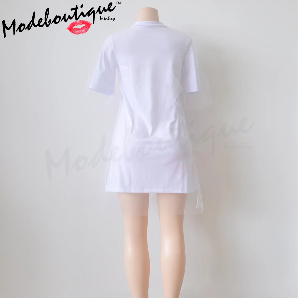 Mode Boutique Women Dress Casual O-neck Printing Sugar Girl Fashion Print Mesh White Summer Robe De Soiree Vestidos | Женская одежда