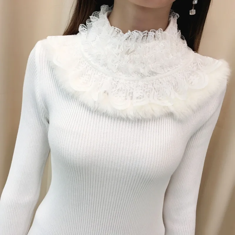 Новинка 2019 осенний свитер Женская водолазка кружевные женские облегающие