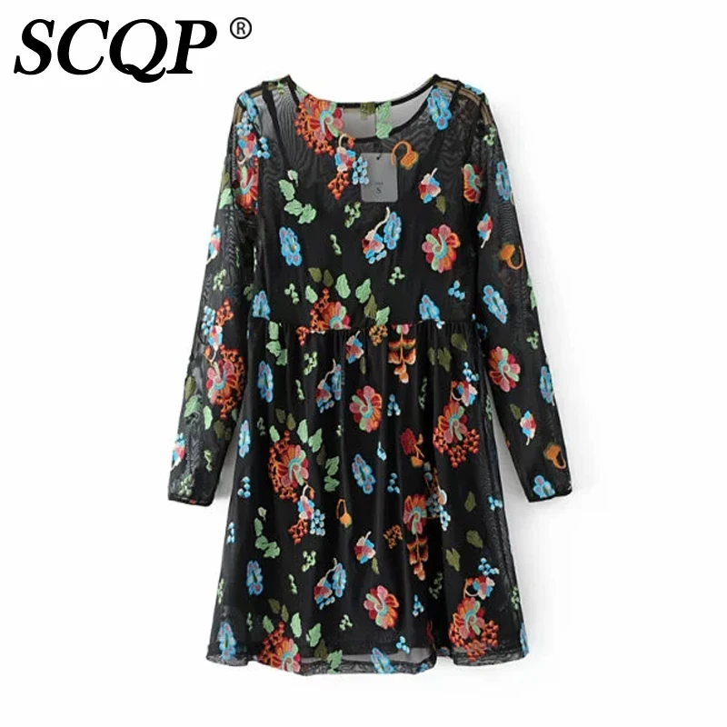 SCQP черный Вышивка цветочный цветы с круглым вырезом летнее платье 2017 длинным