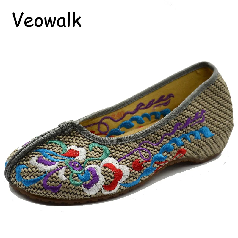 Балетки женские льняные с цветочной вышивкой винтажные Повседневные Удобные