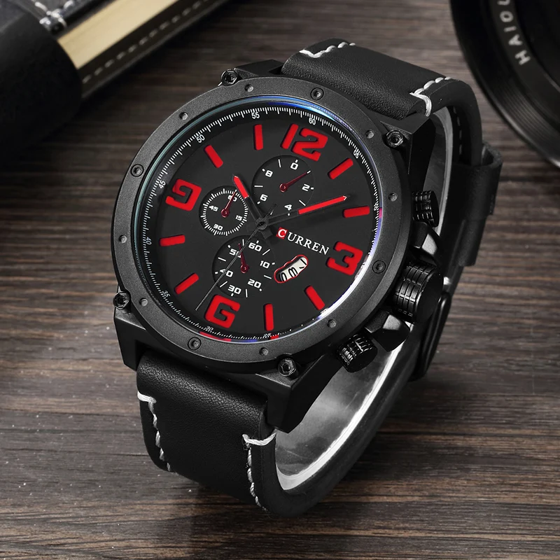 CURREN модные с большим циферблатом дизайн черный красный дисплей спортивные часы